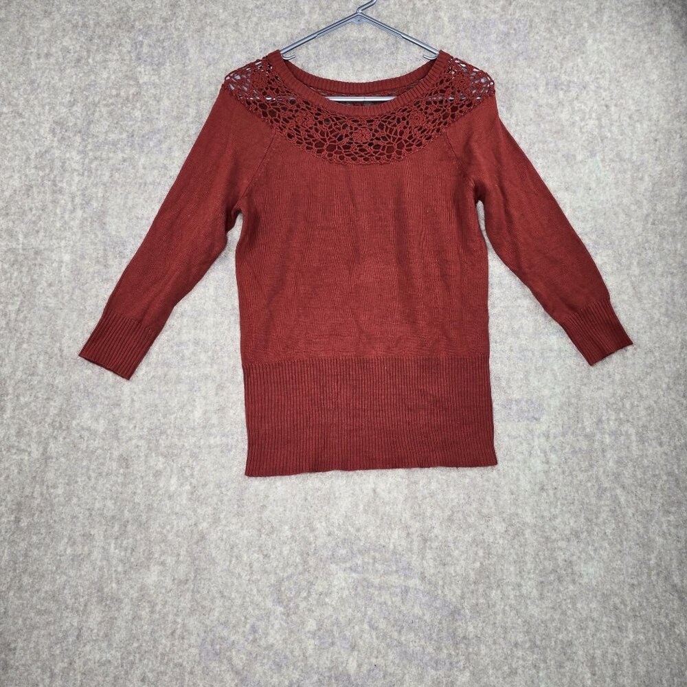 Outback Red Womens Crochet Yoke Sweater Rust Red Medium Acrylic Pullover Knit